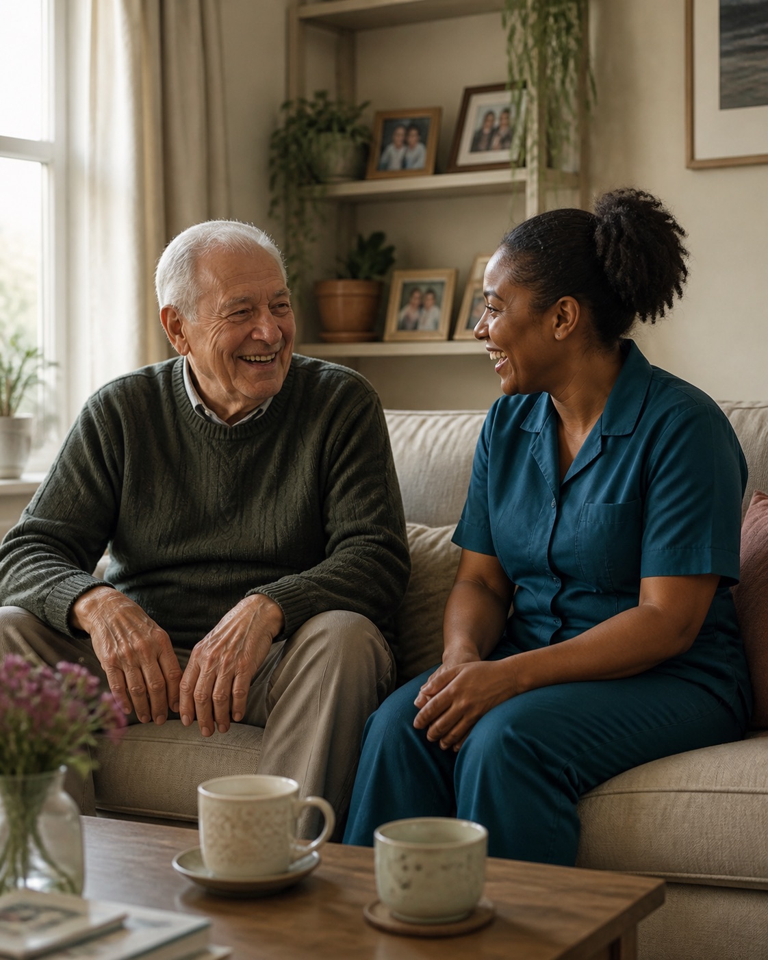 Older man laughing with his home carer over tea