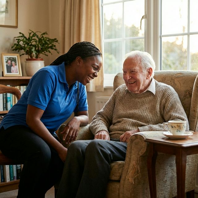 Carer sharing a warm moment with elderly person at home