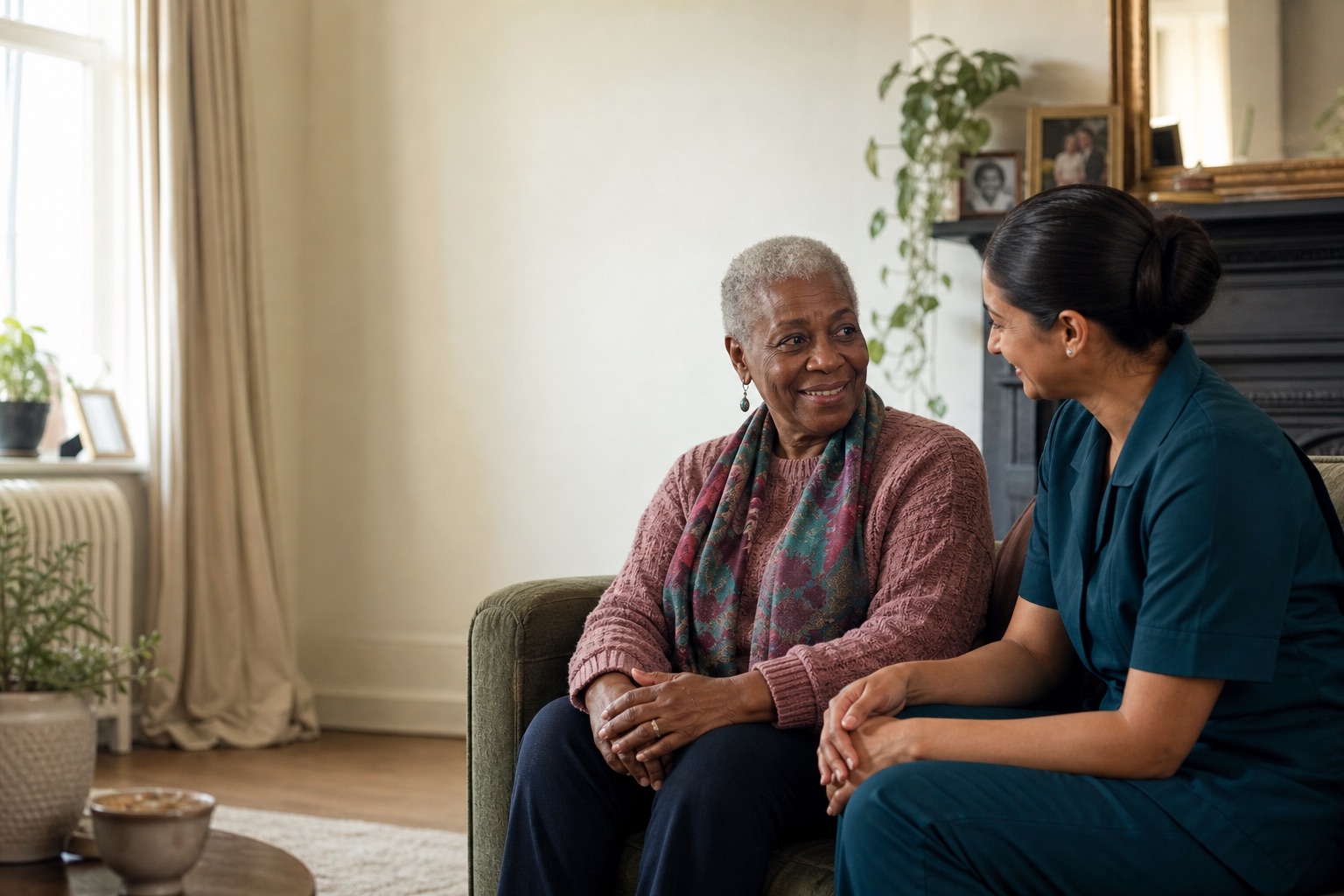 Home carer chatting with an older woman in her living room