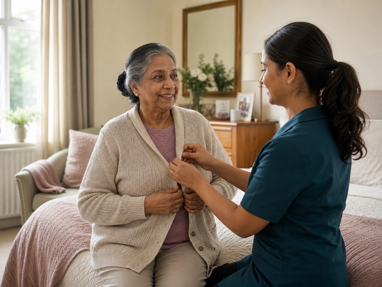 Home carer helping an older woman fasten her cardigan