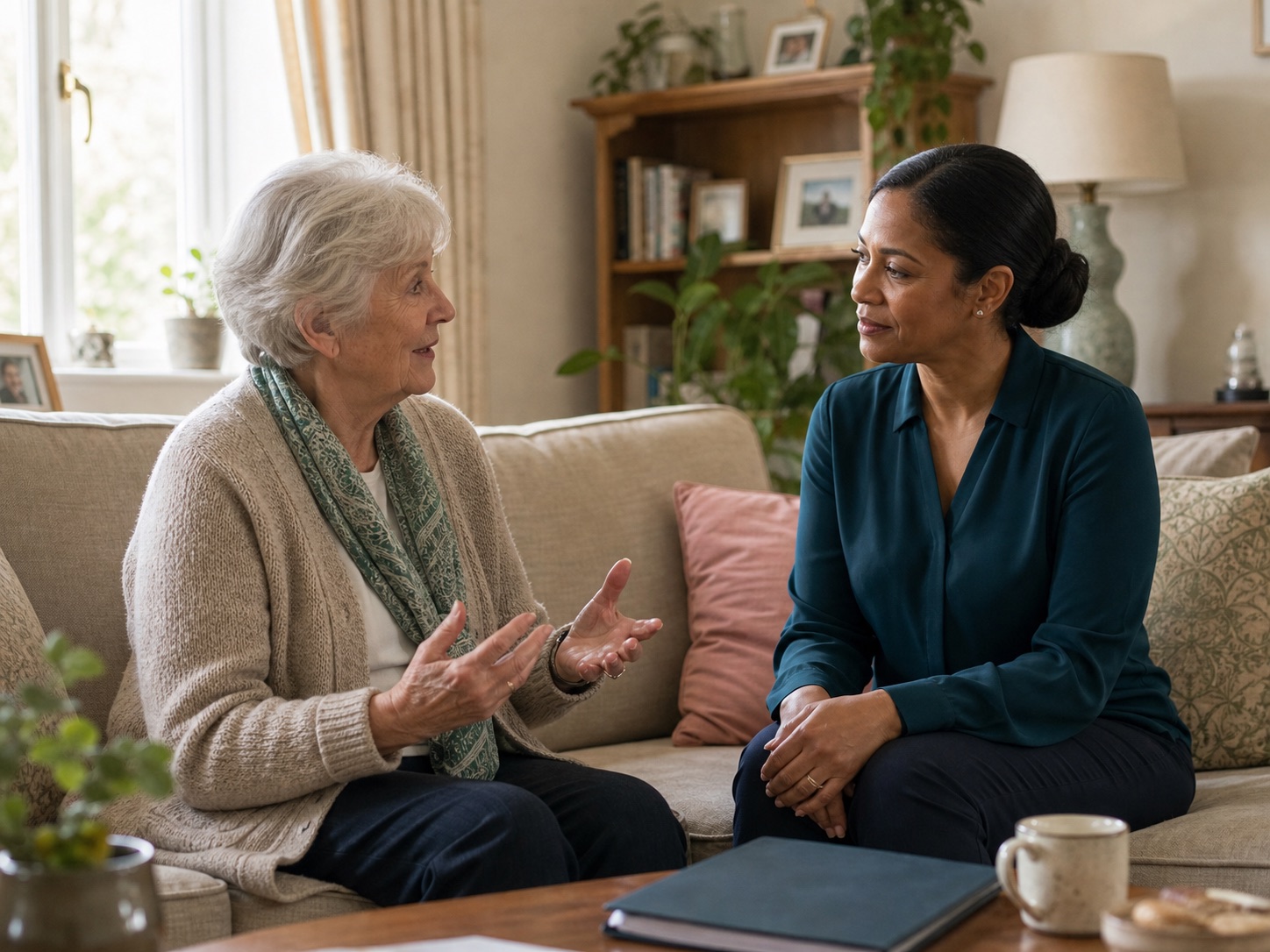 Care manager listening to an older woman during a home assessment