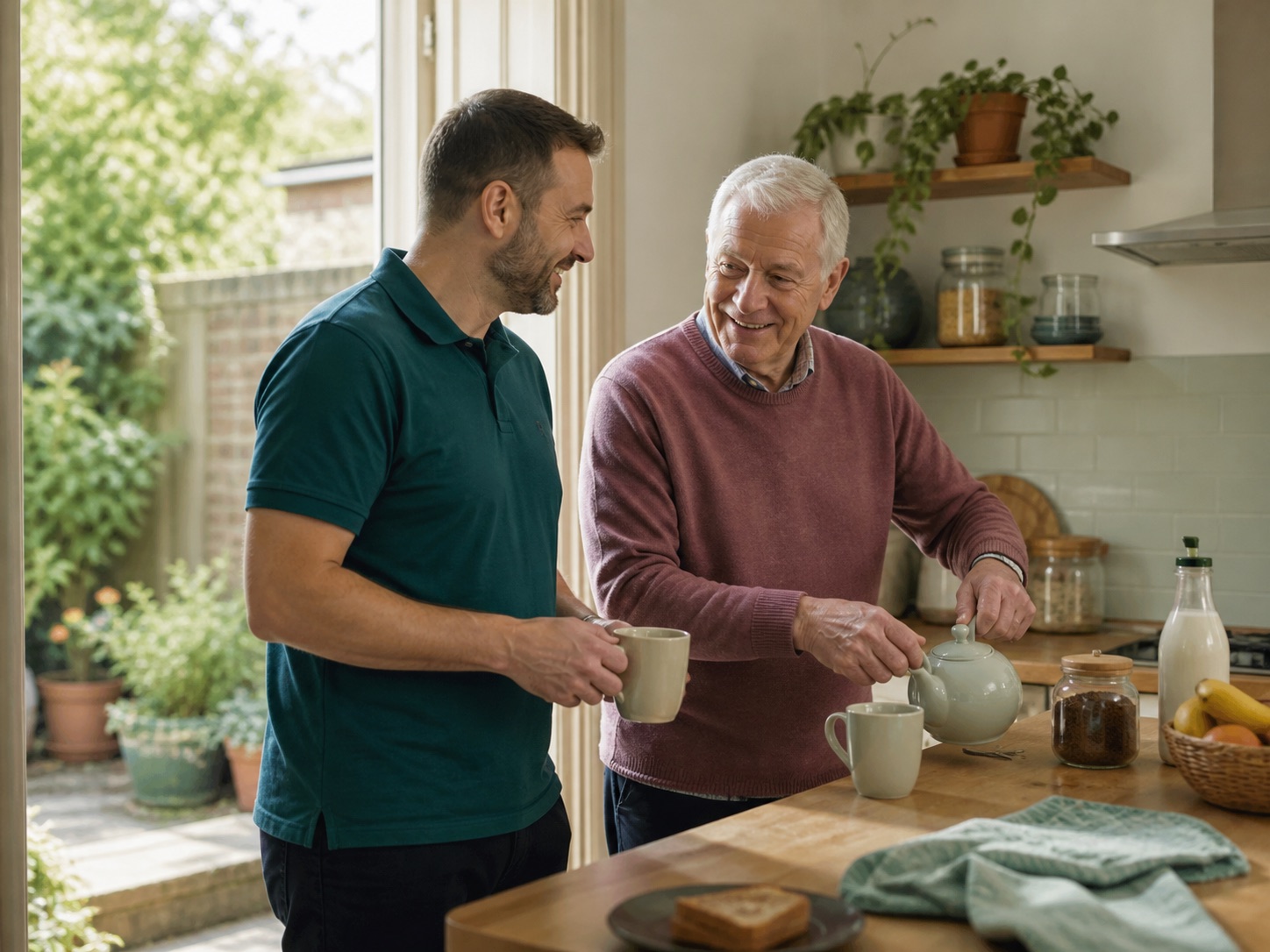 Home carer supporting an older man as he makes tea