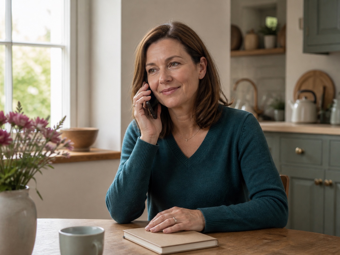 Woman making a phone call from her kitchen