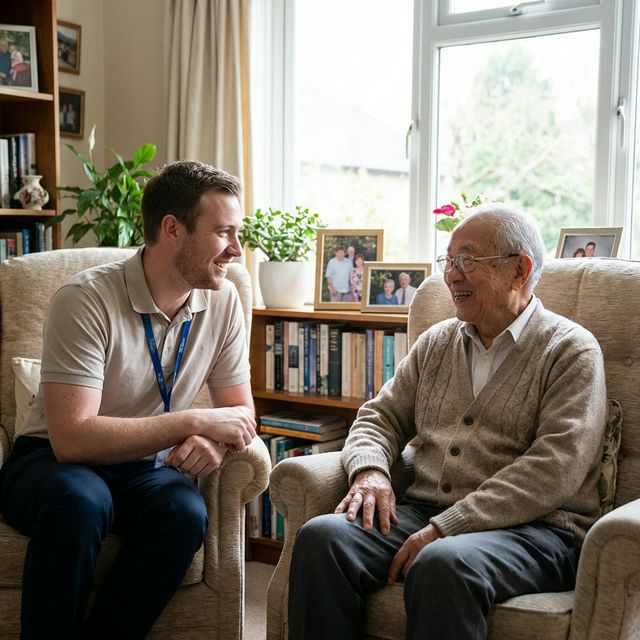 Carer supporting elderly person at home